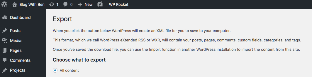 wordpress export feature